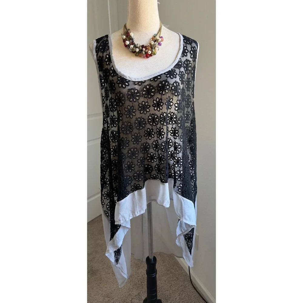 Monroe‎ & Main Tunic Black Gray Floral Lace High-Low Racerback Coverup 3X